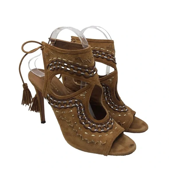 Aquazzura Sexy Thing Cut Out Suede Sandals Womens 40 US 9.5 Brown Artsy Boho - Picture 1 of 14